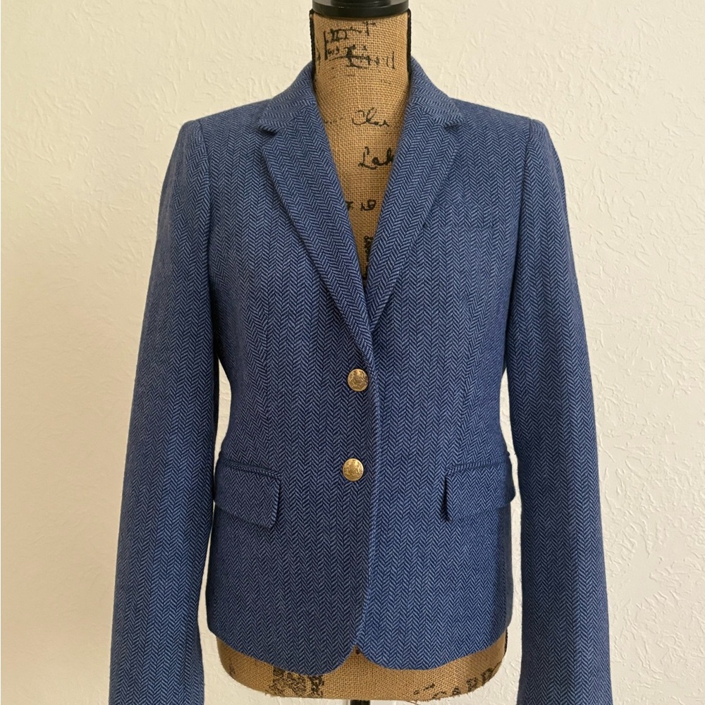 J. Crew Navy Herringbone Blazer with Brass Buttons